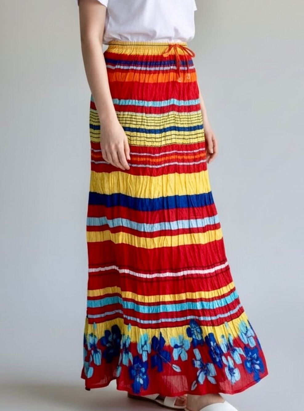 Escada Sport Colorful Pleated Maxi Skirt Striped Floral Hem 100% Rayon Size 34
